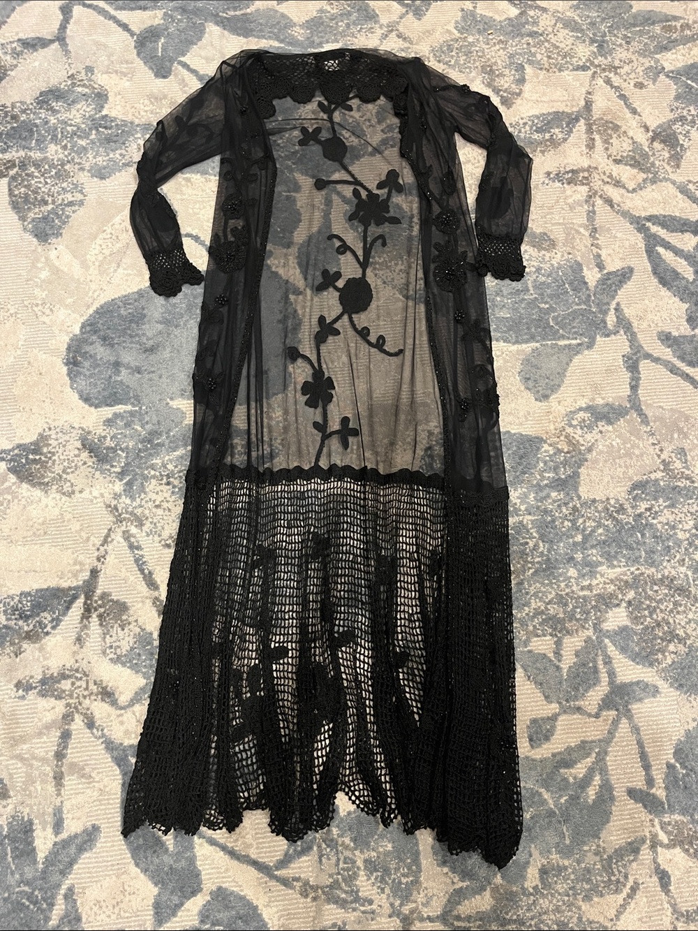 Sue Wong Black Sheer Floral Embroidered Long Duster